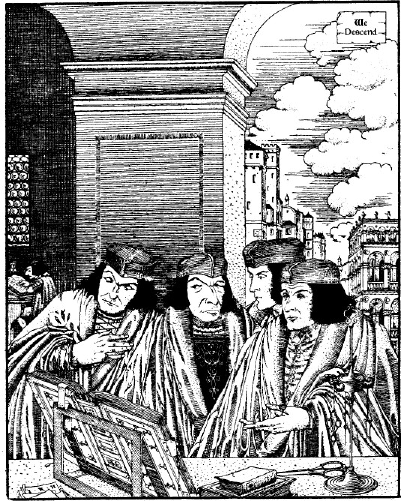 Image of important-looking scholars deliberating, while a humble scriptor works away in the background.